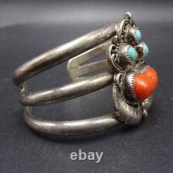 Vintage NAVAJO Sterling Silver OLD Mediterranean CORAL TURQUOISE Cuff BRACELET