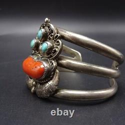 Vintage NAVAJO Sterling Silver OLD Mediterranean CORAL TURQUOISE Cuff BRACELET