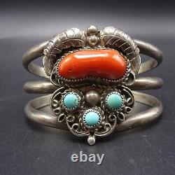 Vintage NAVAJO Sterling Silver OLD Mediterranean CORAL TURQUOISE Cuff BRACELET