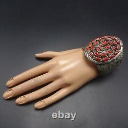 Vintage NAVAJO Sterling Silver OLD RED MEDITERRANEAN CORAL Cluster Cuff BRACELET