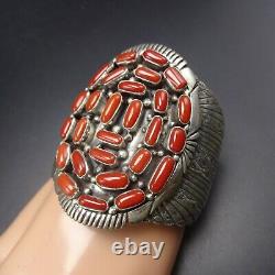 Vintage NAVAJO Sterling Silver OLD RED MEDITERRANEAN CORAL Cluster Cuff BRACELET