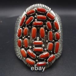 Vintage NAVAJO Sterling Silver OLD RED MEDITERRANEAN CORAL Cluster Cuff BRACELET