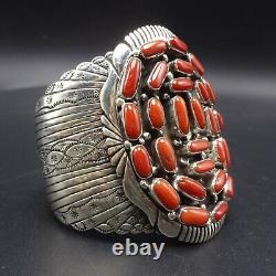 Vintage NAVAJO Sterling Silver OLD RED MEDITERRANEAN CORAL Cluster Cuff BRACELET