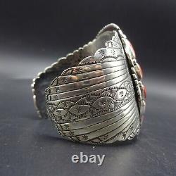 Vintage NAVAJO Sterling Silver OLD RED MEDITERRANEAN CORAL Cluster Cuff BRACELET