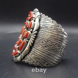 Vintage NAVAJO Sterling Silver OLD RED MEDITERRANEAN CORAL Cluster Cuff BRACELET