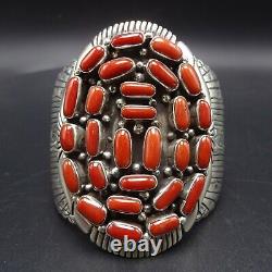 Vintage NAVAJO Sterling Silver OLD RED MEDITERRANEAN CORAL Cluster Cuff BRACELET