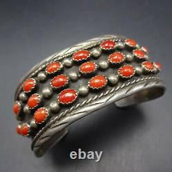 Vintage NAVAJO Sterling Silver RED CORAL Cuff BRACELET Dark Oxidized Background