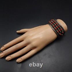 Vintage NAVAJO Sterling Silver RED CORAL Cuff BRACELET Dark Oxidized Background