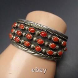 Vintage NAVAJO Sterling Silver RED CORAL Cuff BRACELET Dark Oxidized Background