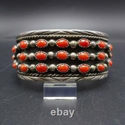 Vintage NAVAJO Sterling Silver RED CORAL Cuff BRACELET Dark Oxidized Background