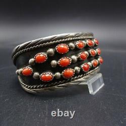 Vintage NAVAJO Sterling Silver RED CORAL Cuff BRACELET Dark Oxidized Background