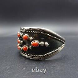 Vintage NAVAJO Sterling Silver RED CORAL Cuff BRACELET Dark Oxidized Background