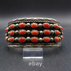 Vintage NAVAJO Sterling Silver RED CORAL Cuff BRACELET Dark Oxidized Background