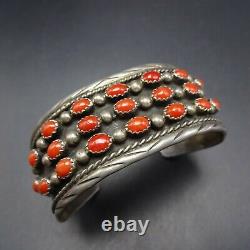 Vintage NAVAJO Sterling Silver RED CORAL Cuff BRACELET Dark Oxidized Background