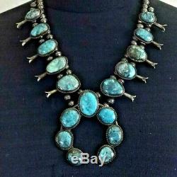 Vintage NAVAJO Sterling Silver SMOKY BISBEE Turquoise SQUASH BLOSSOM Necklace