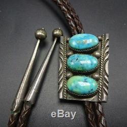 Vintage NAVAJO Sterling Silver & TURQUOISE BOLO Tie, Leather Cord Sterling Tips