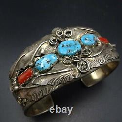 Vintage NAVAJO Sterling Silver TURQUOISE CORAL Cuff BRACELET Large Wrist 7.75