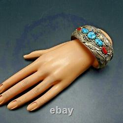 Vintage NAVAJO Sterling Silver TURQUOISE CORAL Cuff BRACELET Large Wrist 7.75