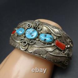 Vintage NAVAJO Sterling Silver TURQUOISE CORAL Cuff BRACELET Large Wrist 7.75