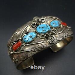 Vintage NAVAJO Sterling Silver TURQUOISE CORAL Cuff BRACELET Large Wrist 7.75