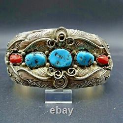 Vintage NAVAJO Sterling Silver TURQUOISE CORAL Cuff BRACELET Large Wrist 7.75