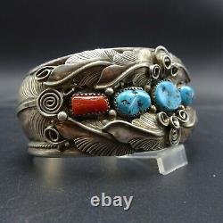 Vintage NAVAJO Sterling Silver TURQUOISE CORAL Cuff BRACELET Large Wrist 7.75