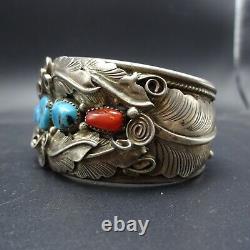 Vintage NAVAJO Sterling Silver TURQUOISE CORAL Cuff BRACELET Large Wrist 7.75