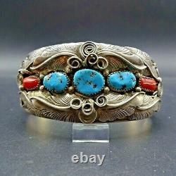 Vintage NAVAJO Sterling Silver TURQUOISE CORAL Cuff BRACELET Large Wrist 7.75