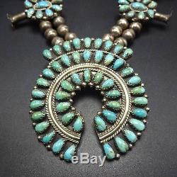 Vintage NAVAJO Sterling Silver TURQUOISE Petit Point SQUASH BLOSSOM Necklace