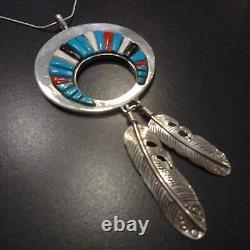 Vintage NAVAJO Sterling Silver & Turquoise Cornrow Inlay PENDANT + 20 Chain