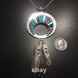 Vintage NAVAJO Sterling Silver & Turquoise Cornrow Inlay PENDANT + 20 Chain