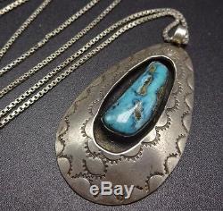 Vintage NAVAJO Sterling Silver Turquoise PENDANT Hand Stamped Shadow Box + Chain