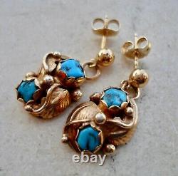 Vintage NAVAJO'Virginia C. Becenti' TURQUOISE 12k Gold & Silver Earrings 4.4g