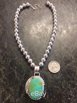 Vintage Native Am Large Turquoise Pendant Necklace Sterling Silver Beads 925