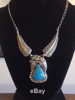 Vintage Native Am Sterling Silver Leaves Turquoise Necklace Emer Thompson 925