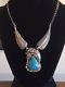 Vintage Native Am Sterling Silver Leaves Turquoise Necklace Emer Thompson 925