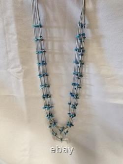 Vintage Native American 6 Strand Natural Nugget Turquoise Silver Necklace 30