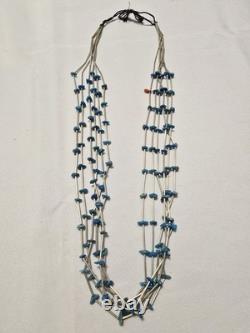 Vintage Native American 6 Strand Natural Nugget Turquoise Silver Necklace 30