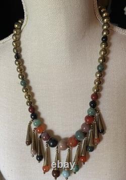 Vintage Native American Bench Bead & Agate Necklace Bib Dangles Unique-(29A)