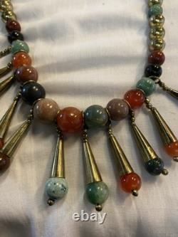 Vintage Native American Bench Bead & Agate Necklace Bib Dangles Unique-(29A)