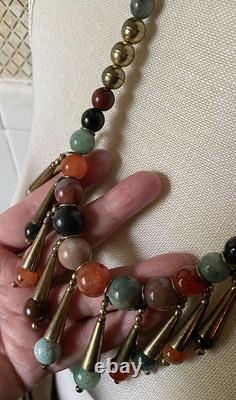 Vintage Native American Bench Bead & Agate Necklace Bib Dangles Unique-(29A)