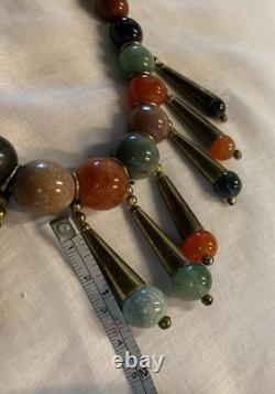Vintage Native American Bench Bead & Agate Necklace Bib Dangles Unique-(29A)