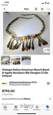 Vintage Native American Bench Bead & Agate Necklace Bib Dangles Unique-(29A)