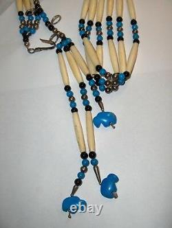 Vintage Native American Bone How-lite Black Beads Pendant Buffalo Jewelry NICE