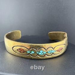 Vintage Native American Brass Cuff Bracelet Crushed Stone Signed F Dan 7 READ