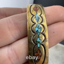 Vintage Native American Brass Cuff Bracelet Crushed Stone Signed F Dan 7 READ