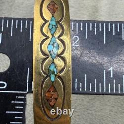 Vintage Native American Brass Cuff Bracelet Crushed Stone Signed F Dan 7 READ