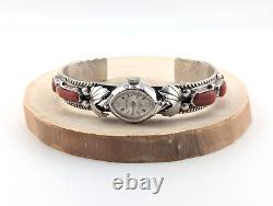 Vintage Native American Coral Cuff Watch Sterling Silver Signed Jewelry Sz 7.25