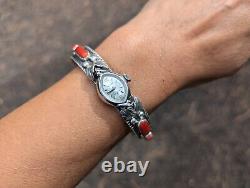 Vintage Native American Coral Cuff Watch Sterling Silver Signed Jewelry Sz 7.25