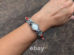 Vintage Native American Coral Cuff Watch Sterling Silver Signed Jewelry Sz 7.25